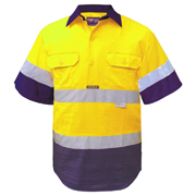 2 Tone Cotton Drill Shirt, C/Front, Short Sleeve, Half Navy Sleeve, Navy Collar with 3M Tape (Arm)